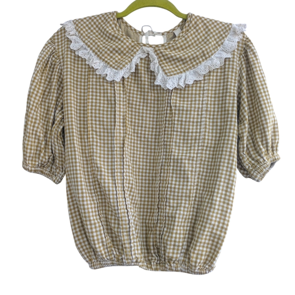 LiiLU Yellow Cream Gingham Peter Pan Collar Organic Cotton Blouse